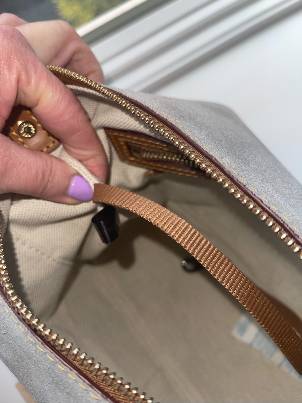 Dooney & Bourke Gray Suede Chloe 30 Shoulder Bag with Brown Leather Strap NWT - Picture 10 of 11